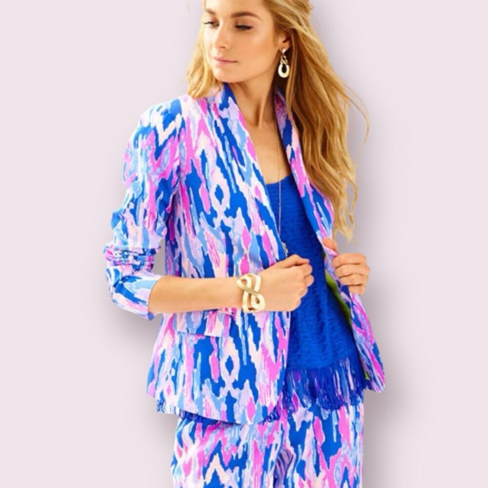 Lilly Pulitzer Blue Pink Blazer Jacket Amethyst One Too Many Womens Size 10 NWOT
